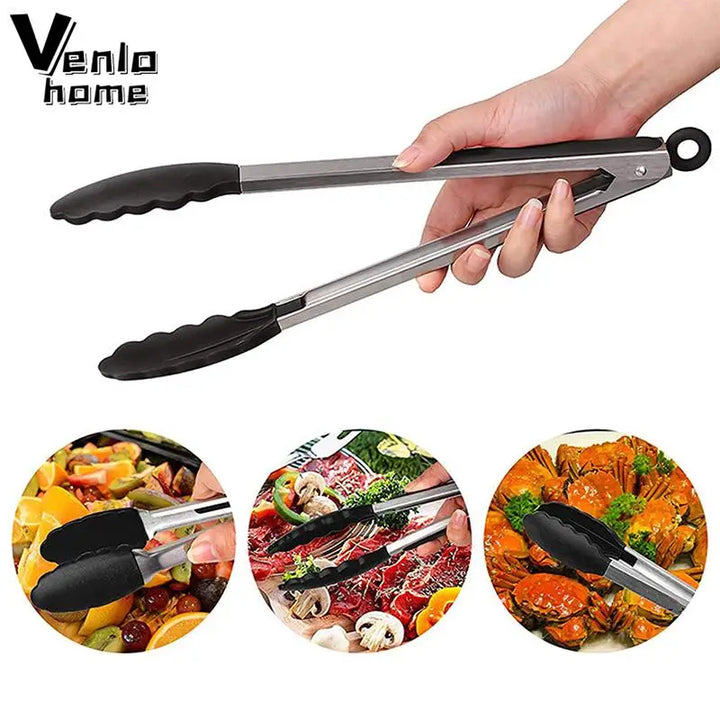 Silicone Tongs Kitchen Stainless Steel BBQ Non-Stick Kitchen Utensils Barbecue Cooking Tong With Joint Lock Kitchen Accessories