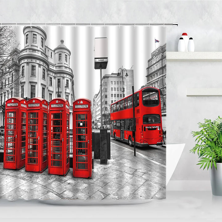 London Street View Shower Curtains Big Ben Red phone Booth Bus Printing Retro Wall Decor Cloth Screen Hooks Bathroom Curtain Set