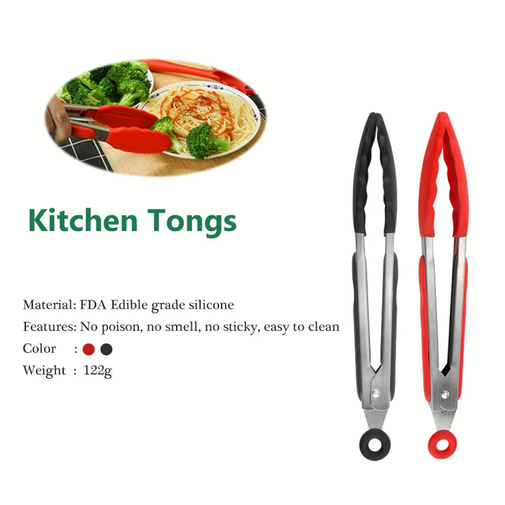 Silicone Tongs Kitchen Stainless Steel BBQ Non-Stick Kitchen Utensils Barbecue Cooking Tong With Joint Lock Kitchen Accessories