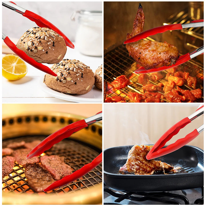 Silicone Tongs Kitchen Stainless Steel BBQ Non-Stick Kitchen Utensils Barbecue Cooking Tong With Joint Lock Kitchen Accessories