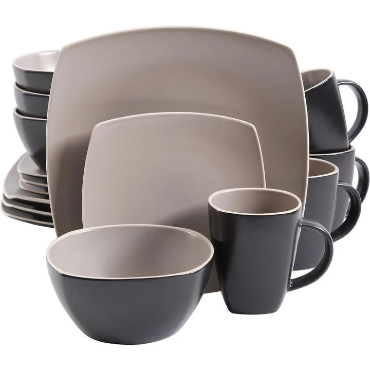 Square Reactive Glaze Stoneware Dinnerware Set, Service for 4 (16pc), Red/White