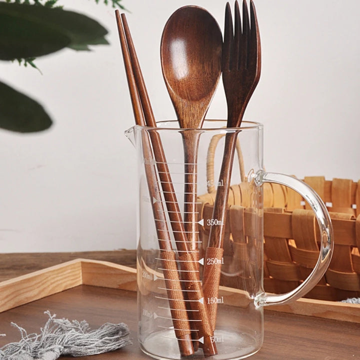 Japanese Wrapped Wooden Spoon Fork Chopsticks Three-Piece Set Long Handle Solid Wood Portable Spoon Fork Household Tableware