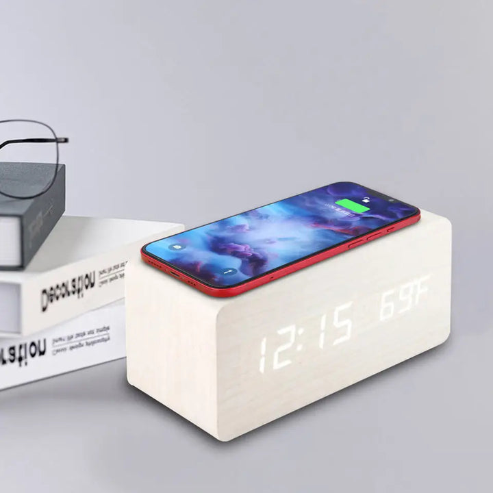 Digital Alarm Clock with Wireless Charging Wooden LED Table Clock with Temperature for Bedroom Office Travel Desk Decorations