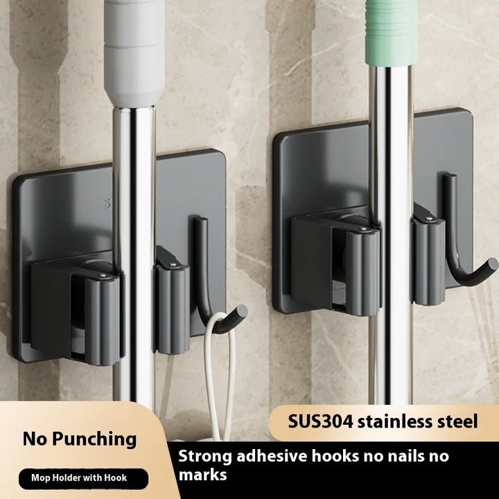 Self-Adhesive Mop Holder Clips with Hook Stainless Steel Wall-Mounted Mop Rack Waterproof Brush Broom Mop Organizer Shelf