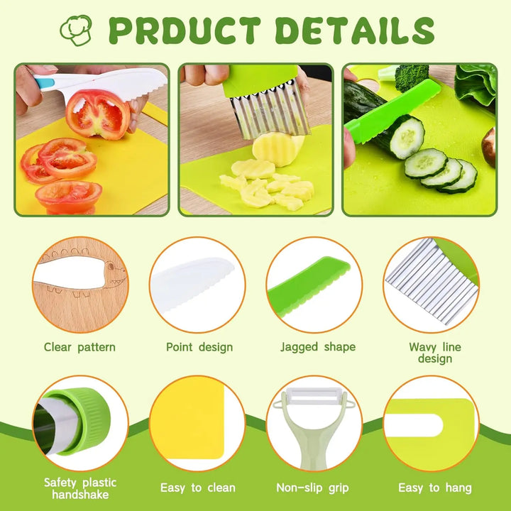 13 Pcs Montessori Kitchen Tools for Toddlers-Kids Cooking Sets Safe for Real Cooking Toddler Crinkle Cutter Kids Cutting Board