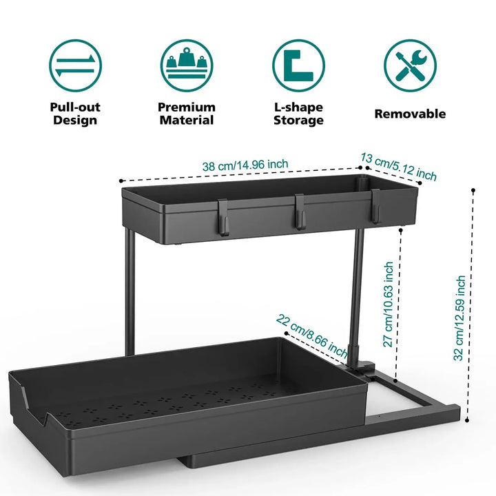 Under Sink Organizer Holder Kitchen Cabinet Drawers Organization Shelf with Double Sliding L-shape Narrow Space Storage Rack