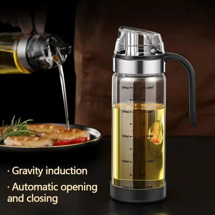 Automatic opening and closing glass oil jug oil bottle oil vinegar bottle for kitchen leak-proof measurable seasoning juice jug