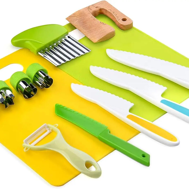 13 Pcs Montessori Kitchen Tools for Toddlers-Kids Cooking Sets Safe for Real Cooking Toddler Crinkle Cutter Kids Cutting Board