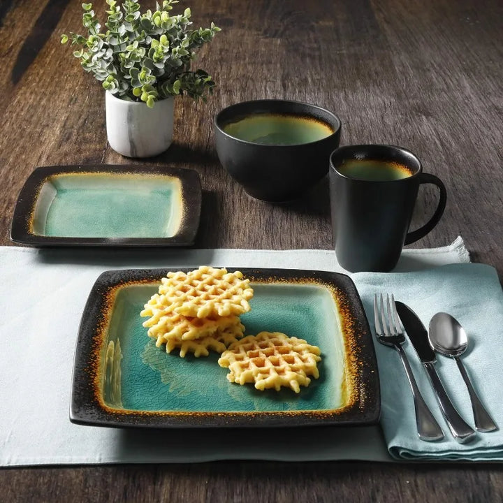 Square Reactive Glaze Stoneware Dinnerware Set, Service for 4 (16pcs),  Set Vaisselle Complet， Dishes and Plates Sets