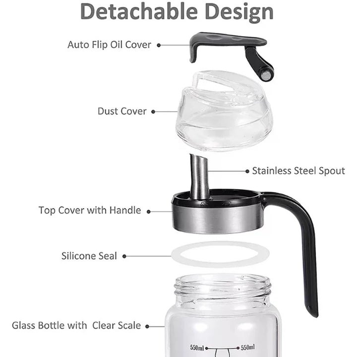 Automatic opening and closing glass oil jug oil bottle oil vinegar bottle for kitchen leak-proof measurable seasoning juice jug