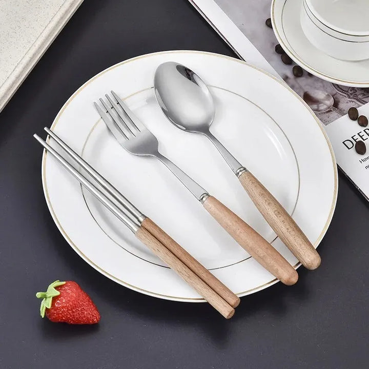 1set Creative Wooden Handle Stainless Steel Tableware and Portable Three Piece Set of Spoons Forks and Chopsticks with Box