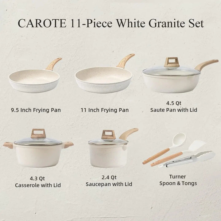 CAROTE Pots and Pans Set Nonstick, White Granite Induction Kitchen Cookware Sets, 11 Pcs Non Stick Cooking Set w/Frying Pans & S