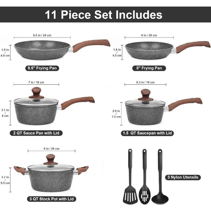 Granite Pots and Pans Set Ultra Nonstick,11 Piece Die-Cast Cookware Sets with Frying Pan, Sauce Pan, Stockpot, Stay Cool Handle