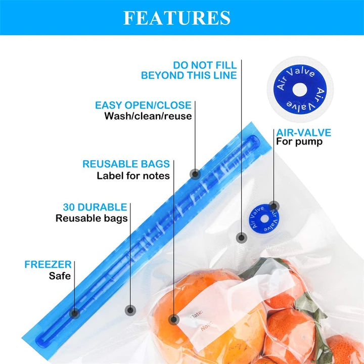 Reusable Vacuum Food Storage Zipper Bags Set Electric Handheld Vacuum Sealer Pump Sous Vide Bag with Hand Pump Bag for Sous Vide