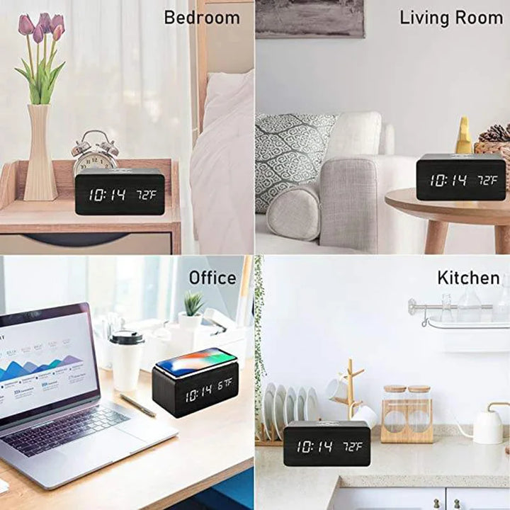 Digital Alarm Clock with Wireless Charging Wooden LED Table Clock with Temperature for Bedroom Office Travel Desk Decorations