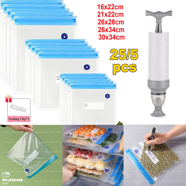 Reusable Vacuum Food Storage Zipper Bags Set Electric Handheld Vacuum Sealer Pump Sous Vide Bag with Hand Pump Bag for Sous Vide