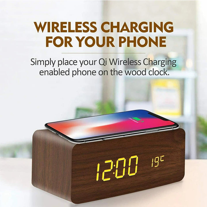 Digital Alarm Clock with Wireless Charging Wooden LED Table Clock with Temperature for Bedroom Office Travel Desk Decorations