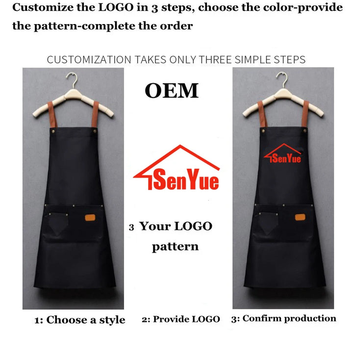 Customized Embroidery Brand Logo Waterproof Signature  Kitchen Aprons Home Chef Baking Clothes With Pockets Adult Bib Waist Bag