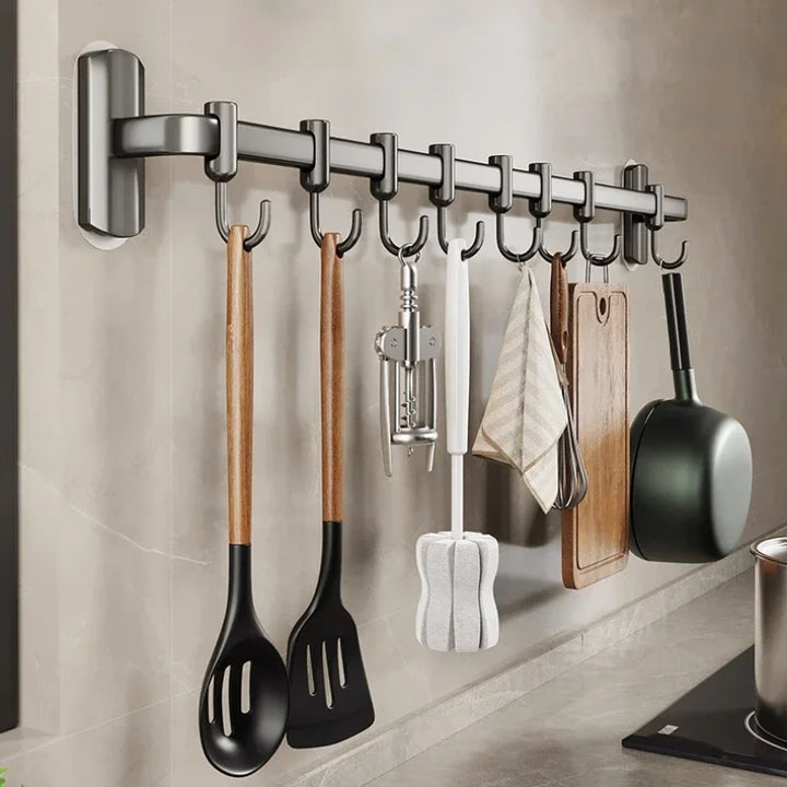 Space Aluminum Kitchen Hook Hanging Rod Without Punching Storage Shelf Wall Mounted Spoon Shovel Row Hook Hanging Rack