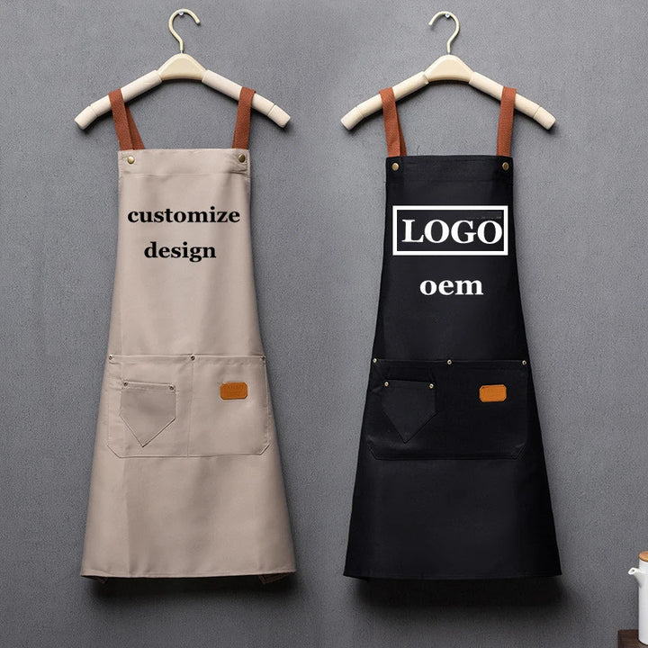 Customized Embroidery Brand Logo Waterproof Signature  Kitchen Aprons Home Chef Baking Clothes With Pockets Adult Bib Waist Bag