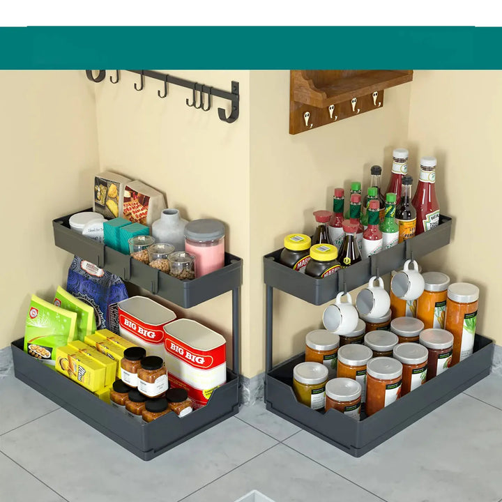 Under Sink Organizer Holder Kitchen Cabinet Drawers Organization Shelf with Double Sliding L-shape Narrow Space Storage Rack