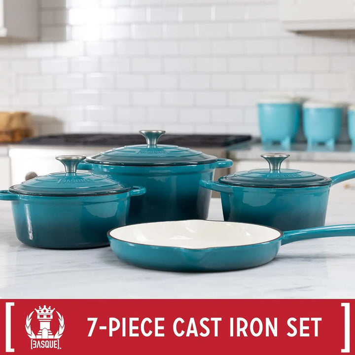 Basque Enameled Cast Iron Cookware Set, 7-Piece Set (Biscay Blue), Nonstick, Oversized Handles, Oven Safe; Skillet, Saucepan, Sm