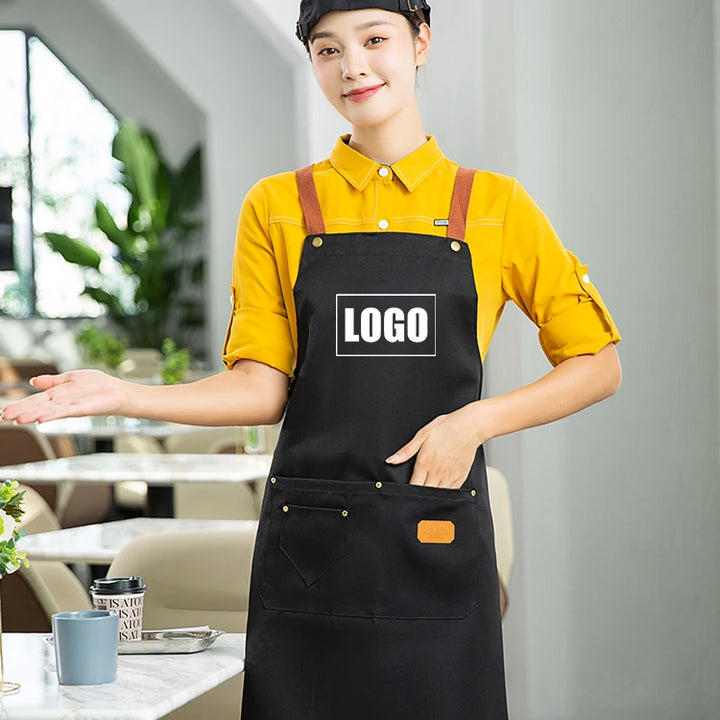 Customized Embroidery Brand Logo Waterproof Signature  Kitchen Aprons Home Chef Baking Clothes With Pockets Adult Bib Waist Bag