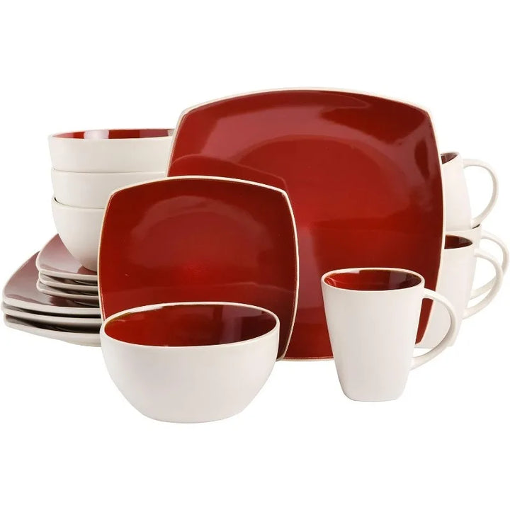 Square Reactive Glaze Stoneware Dinnerware Set, Service for 4 (16pc), Red/White