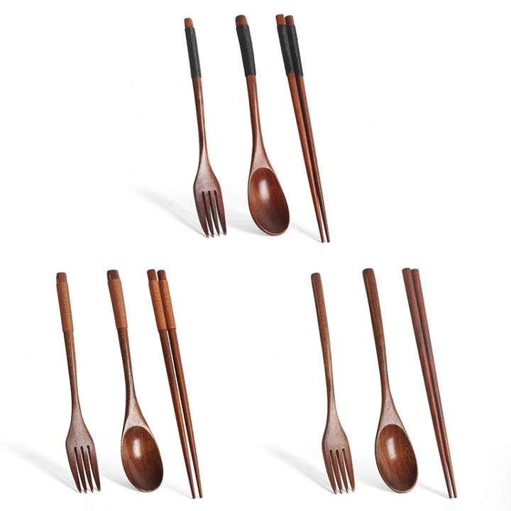 Japanese Wrapped Wooden Spoon Fork Chopsticks Three-Piece Set Long Handle Solid Wood Portable Spoon Fork Household Tableware