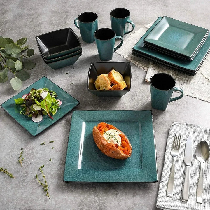 Square Reactive Glaze Stoneware Dinnerware Set, Service for 4 (16pcs),  Set Vaisselle Complet， Dishes and Plates Sets