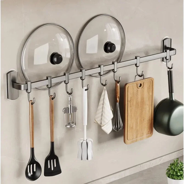 Space Aluminum Kitchen Hook Hanging Rod Without Punching Storage Shelf Wall Mounted Spoon Shovel Row Hook Hanging Rack