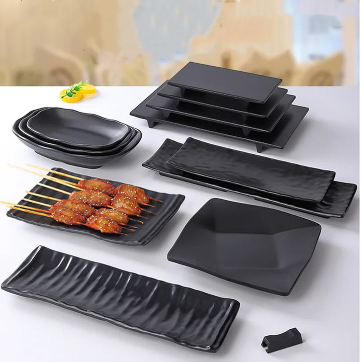 Melamine Imitation Porcelain Tableware, Japanese Frosted Black Plate, Barbecue, Sushi Appetizer, Decorative Kitchen Utensils