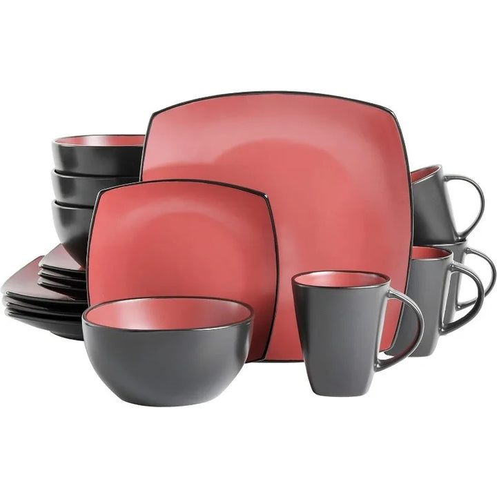 Square Reactive Glaze Stoneware Dinnerware Set, Service for 4 (16pc), Red/White