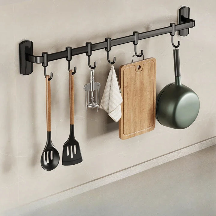 Space Aluminum Kitchen Hook Hanging Rod Without Punching Storage Shelf Wall Mounted Spoon Shovel Row Hook Hanging Rack