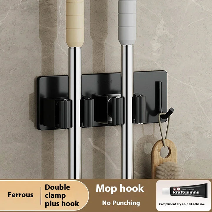 Self-Adhesive Mop Holder Clips with Hook Stainless Steel Wall-Mounted Mop Rack Waterproof Brush Broom Mop Organizer Shelf