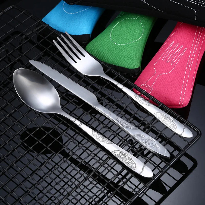 4Pcs/3Pcs Set Dinnerware Portable Printed Knifes Fork Spoon Stainless Steel Family Camping Steak Cutlery Tableware with Bag