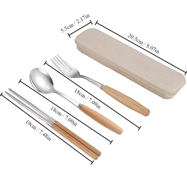 1set Creative Wooden Handle Stainless Steel Tableware and Portable Three Piece Set of Spoons Forks and Chopsticks with Box