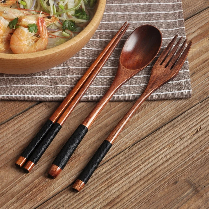 Japanese Wrapped Wooden Spoon Fork Chopsticks Three-Piece Set Long Handle Solid Wood Portable Spoon Fork Household Tableware