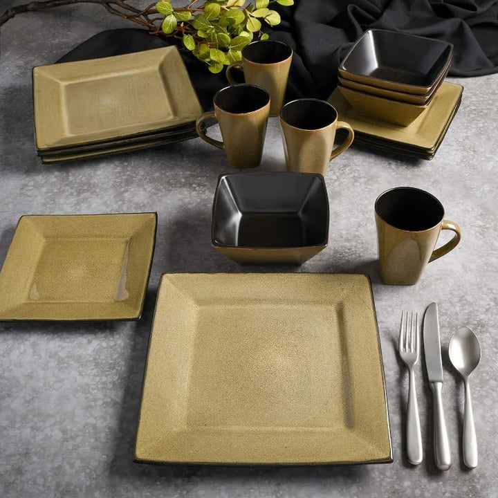 Square Reactive Glaze Stoneware Dinnerware Set, Service for 4 (16pcs),  Set Vaisselle Complet， Dishes and Plates Sets