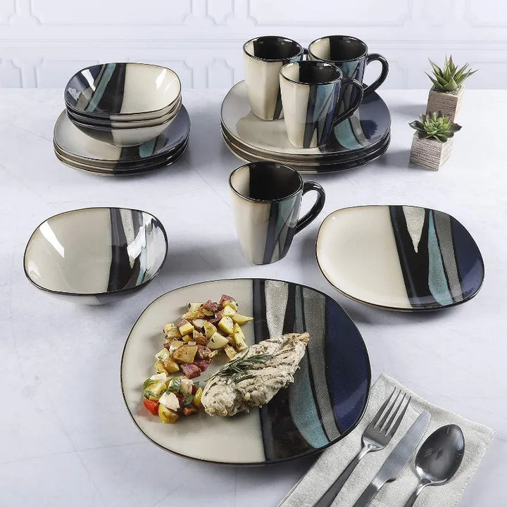 Square Reactive Glaze Stoneware Dinnerware Set, Service for 4 (16pcs),  Set Vaisselle Complet， Dishes and Plates Sets